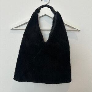 Black sherpa geometric faux leather handle tote bag